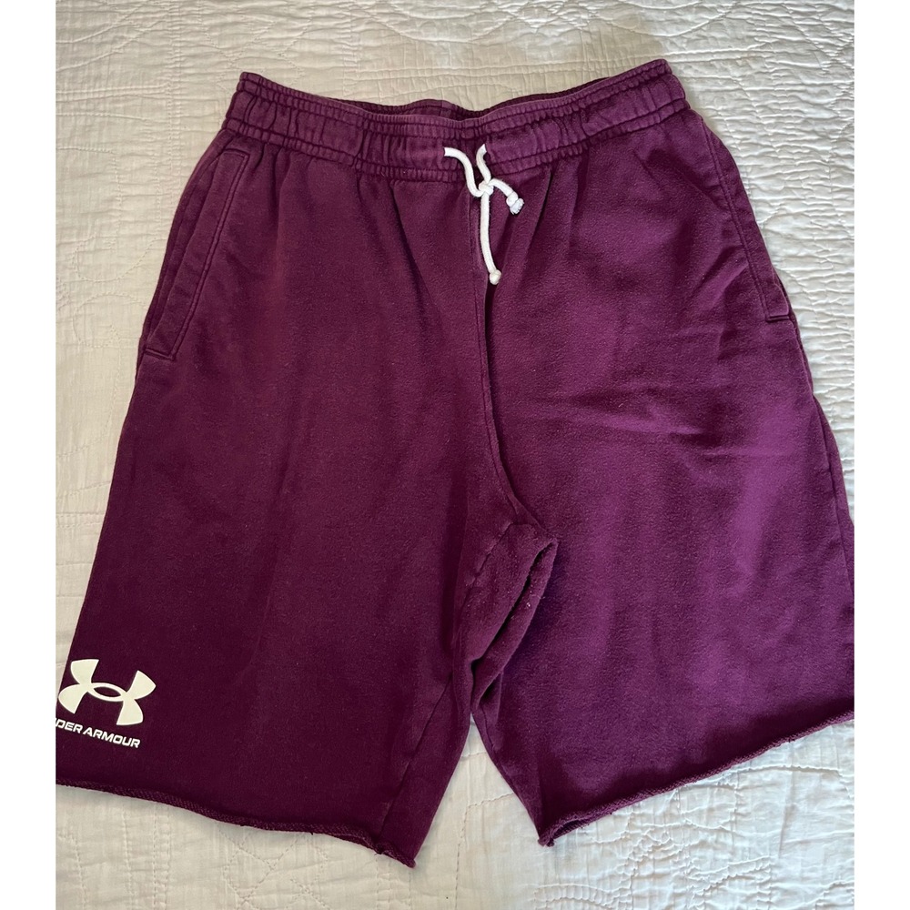 Under Armour Mens Fleece Shorts Purple Raw Hem Drawstring Athletic Gym Pockets
